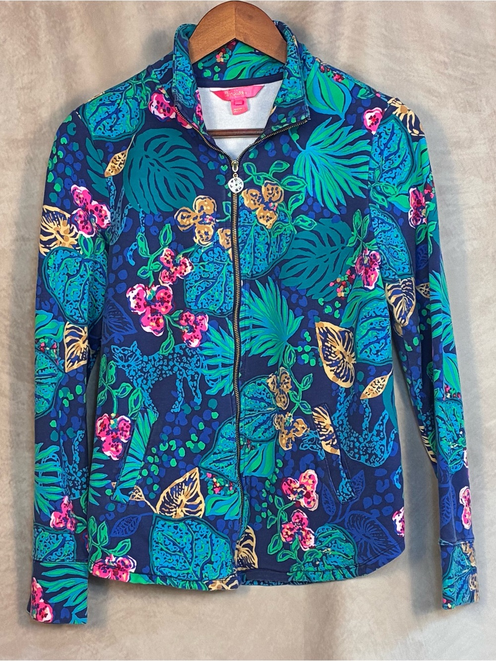 Lilly Pulitzer Bright Tropical Zip Jacket in Blue, Teal & Pink Size S